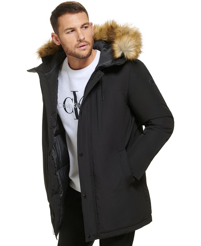 Calvin Klein Men's Long Parka with Faux-Fur Lined Hood - Macy's