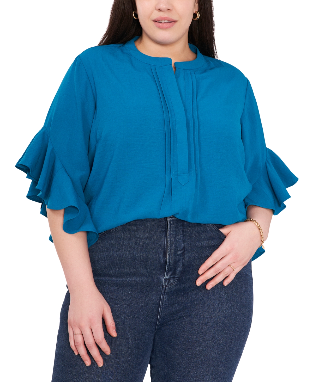 Vince Camuto Plus Size Ruffle Sleeve Henley Blouse In Teal Water