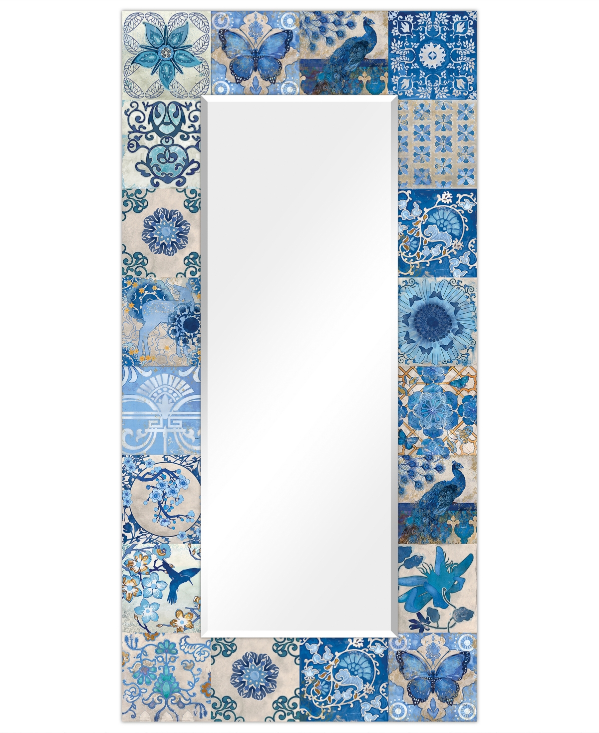 'Tiles' Rectangular On Free Floating Printed Tempered Art Glass Beveled Mirror, 72" x 36" - Multicolor