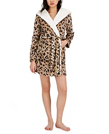 Women's Printed Short Sherpa Hooded Robe, Created for Macy's