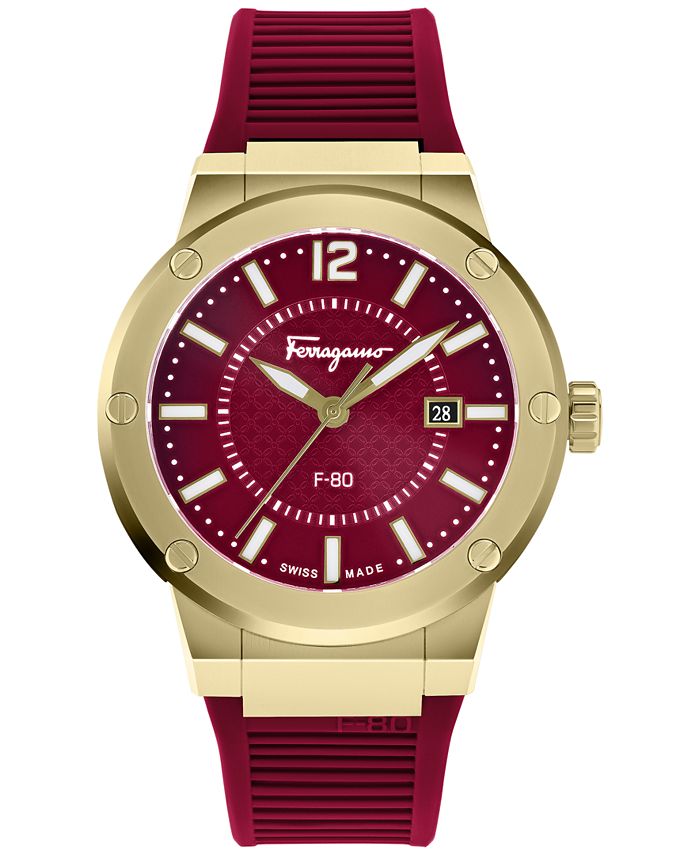 Salvatore Ferragamo Men's Swiss F-80 Burgundy Silicone Strap Watch 44mm ...