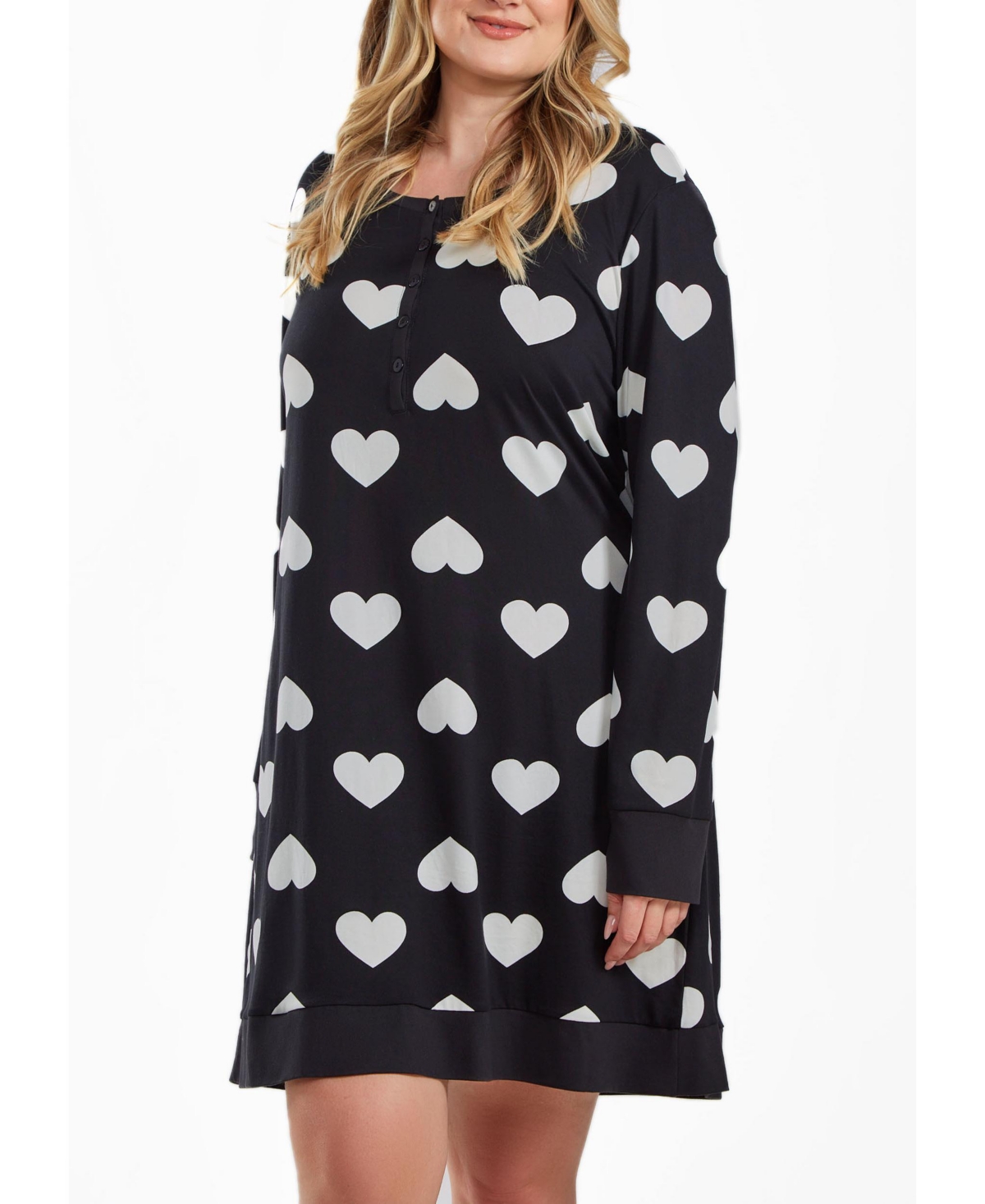 Icollection Kind Heart Plus Size Modal Sleep Top Or Dress With Button Down Top In Comfy Cozy Style In Cream-black
