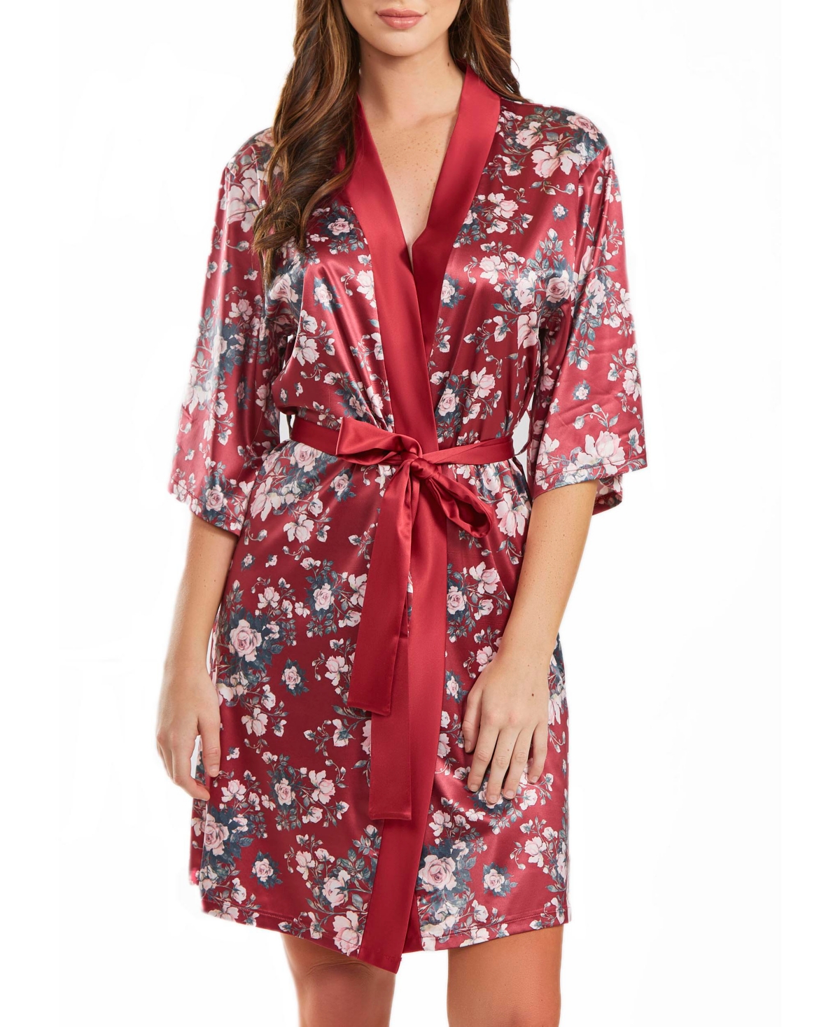 Icollection Jenna Plus Size Contrast Satin Floral Robe With Self Tie Sash, 1 Piece In Burgundy