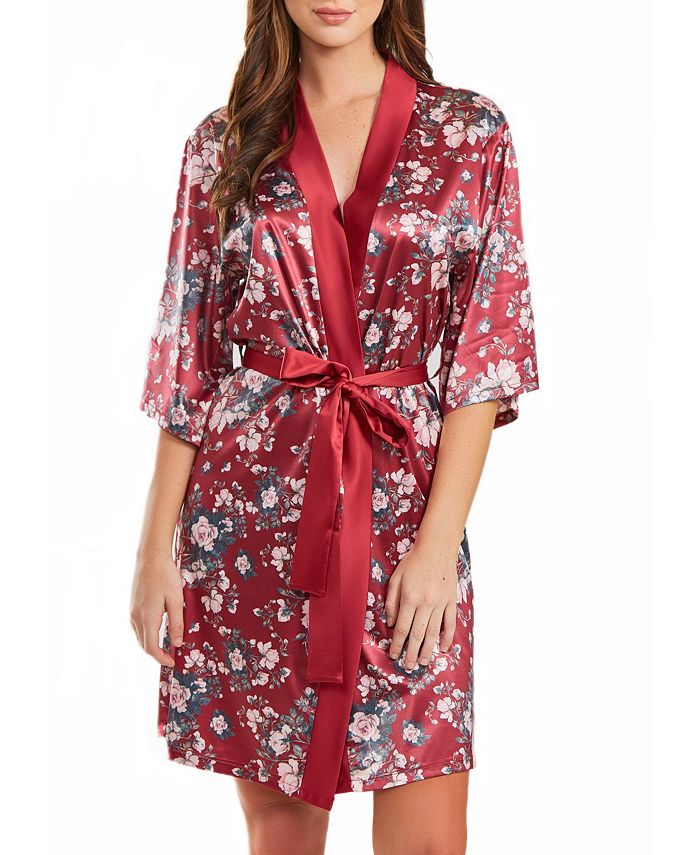 iCollection Women's Jenna Contrast Satin Floral Robe with Self Tie Sash ...