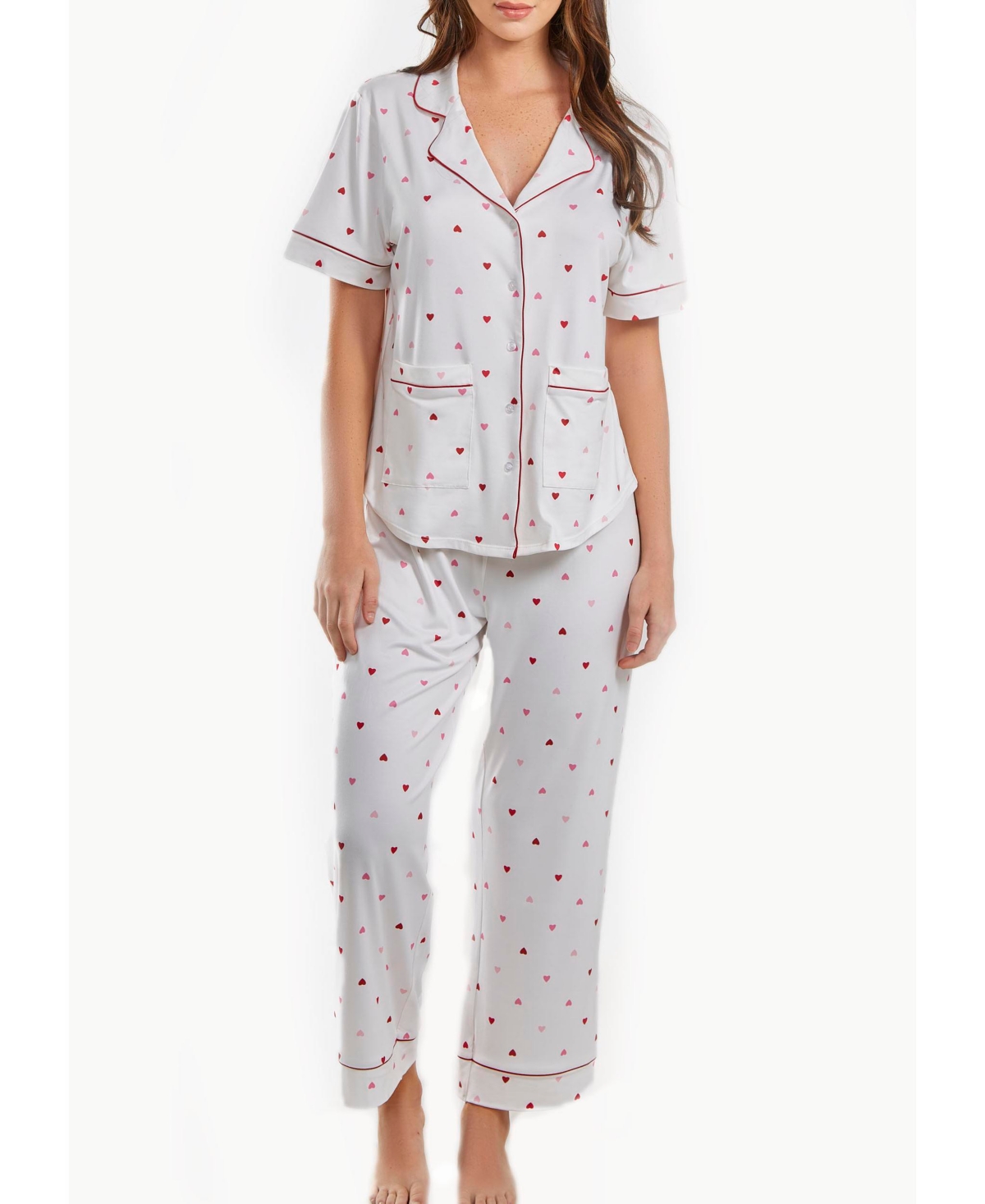 Icollection Kyley Plus Size Pajama Heart Print Pant Set Trimmed In Red With Front Pockets, 2 Piece In White-red