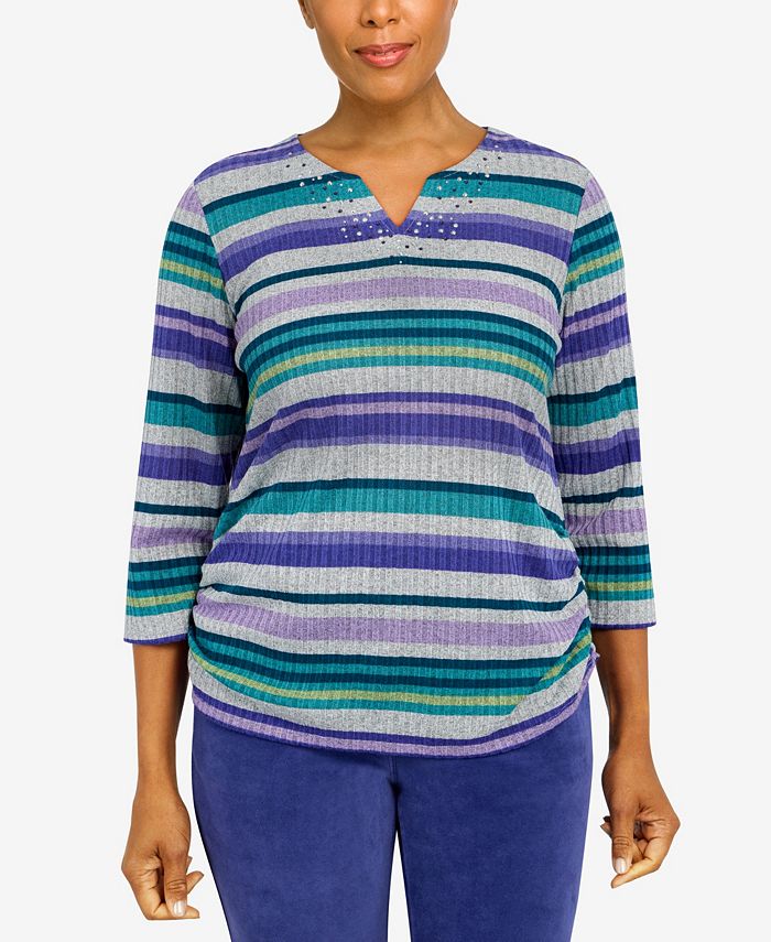Alfred Dunner Women's The Big Easy Split Neck 3/4 Sleeve Ribbed Stripe Print Top Macy's