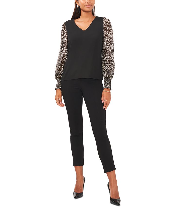 MSK Women's Printed Chiffon-Sleeve V-Neck Top - Macy's