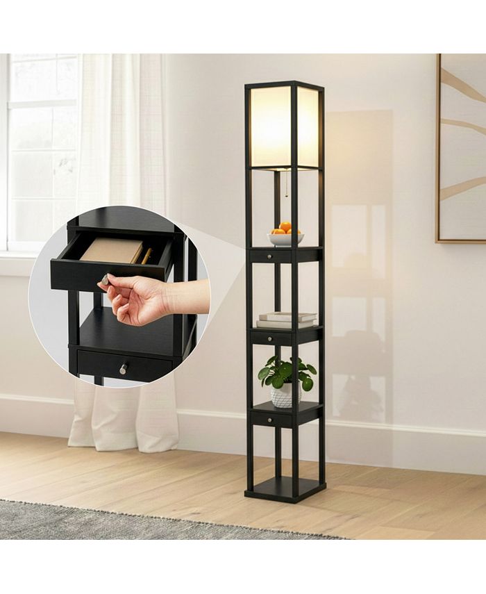 Brightech Maxwell Shelf & LED Floor Lamp with Lantern Shade and Drawers ...