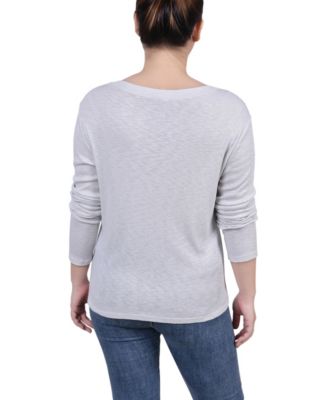 Petite Long Sleeve Ribbed Henley Top