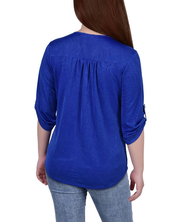 NY Collection Missy 3/4 Roll Tab Zip Front Top - Burgandy