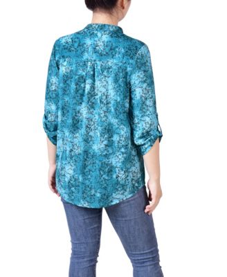 Petite 3/4 Roll Tab Sleeve Smocked-Yoke Top