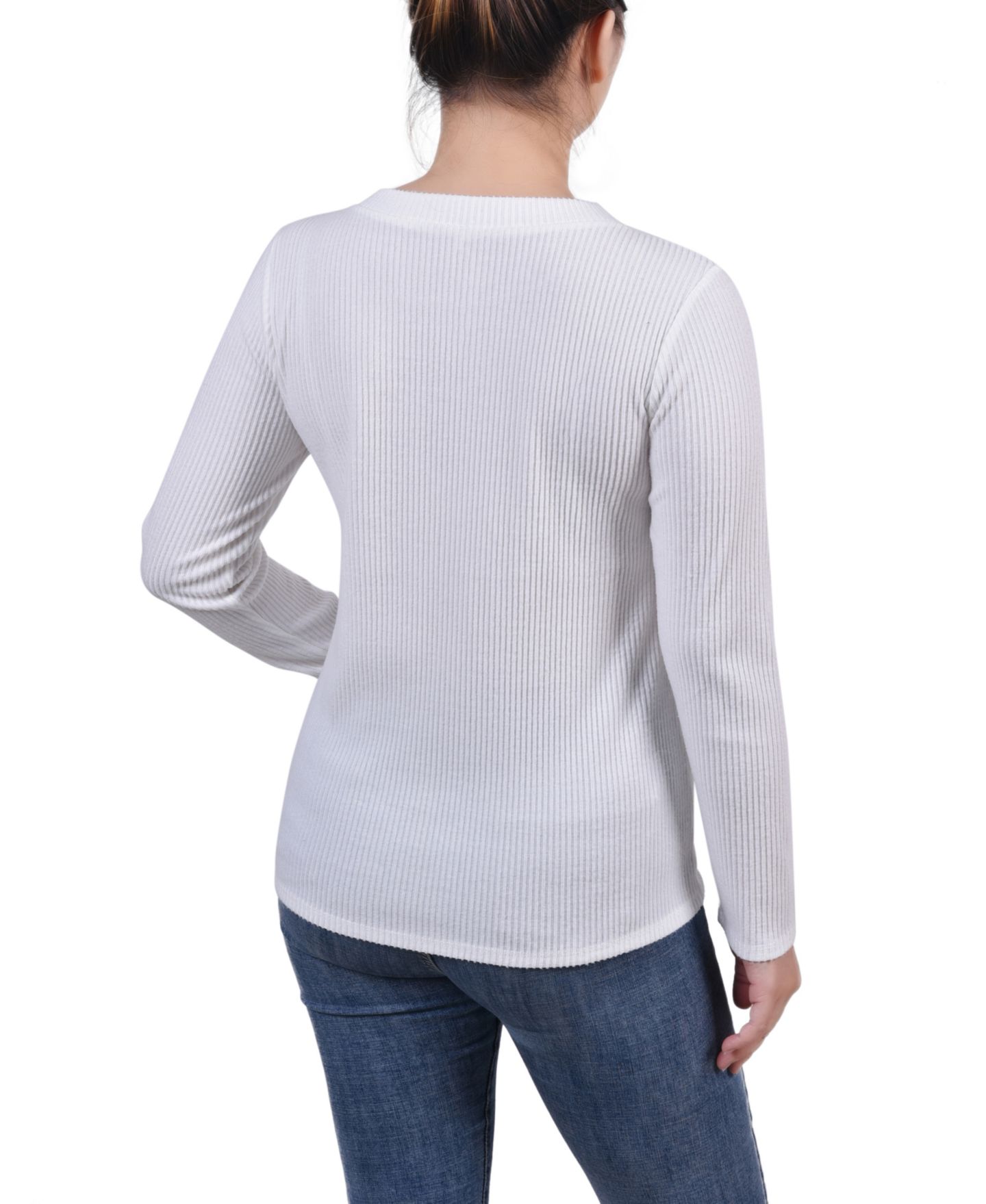 Женский топ NY Collection Petite Long Sleeve Ribbed Button Detail, цвет: Слоновая кость — фото 2