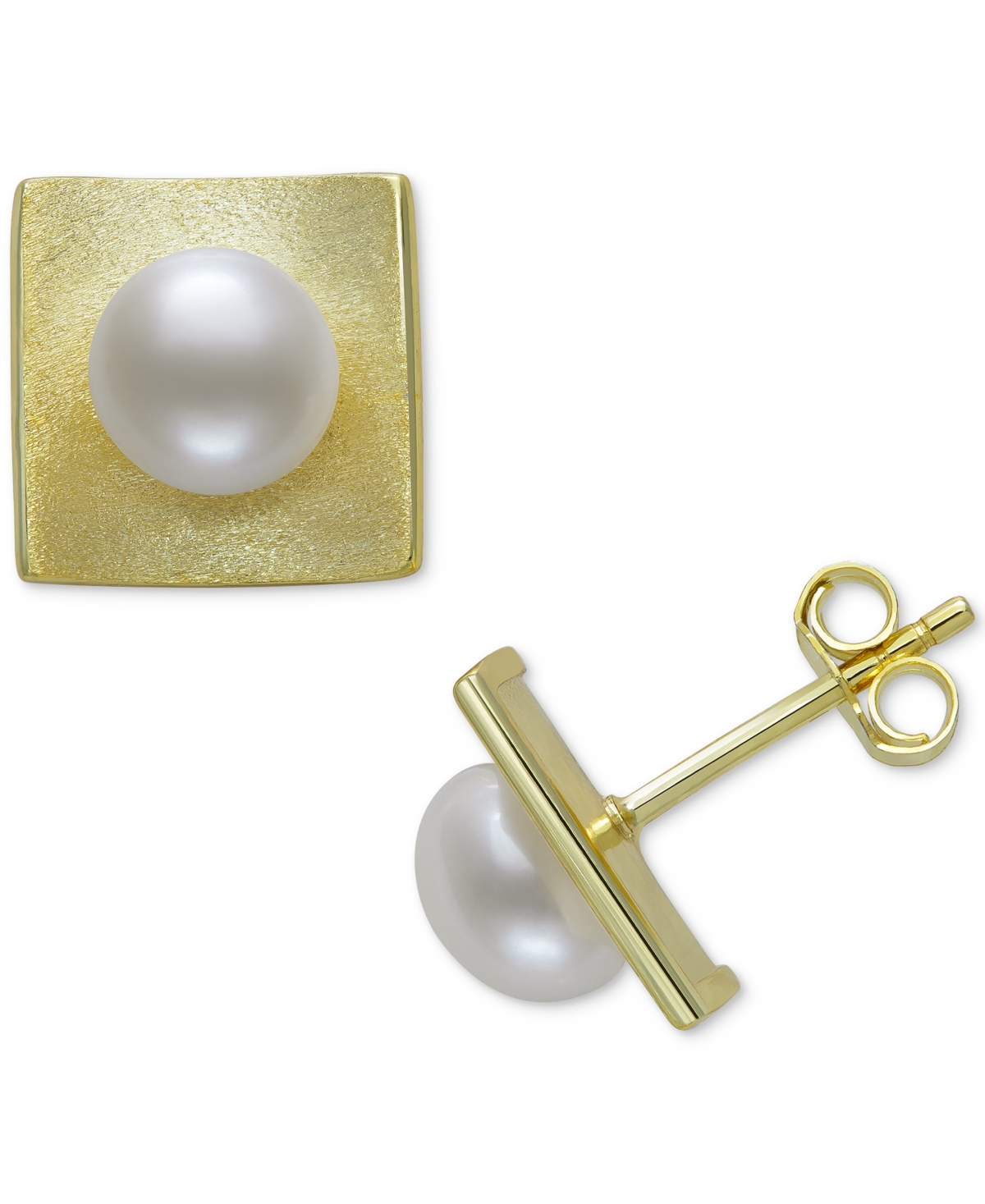Belle De Mer Cultured Freshwater Button Pearl (7-8mm) Square Stud Earrings In 14k Gold-plated Sterling Silver In Gold Over Silver