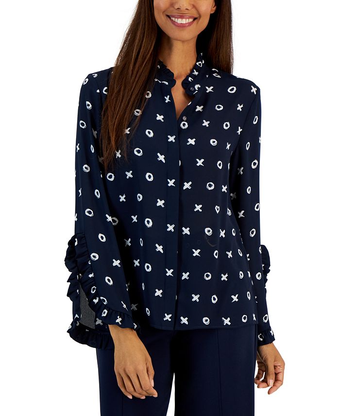 T Tahari Women's Printed BellSleeve ButtonFront Top Macy's