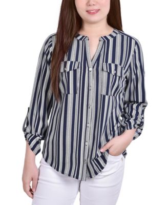 Petite 3/4 Sleeve Roll Tab Y Neck Blouse