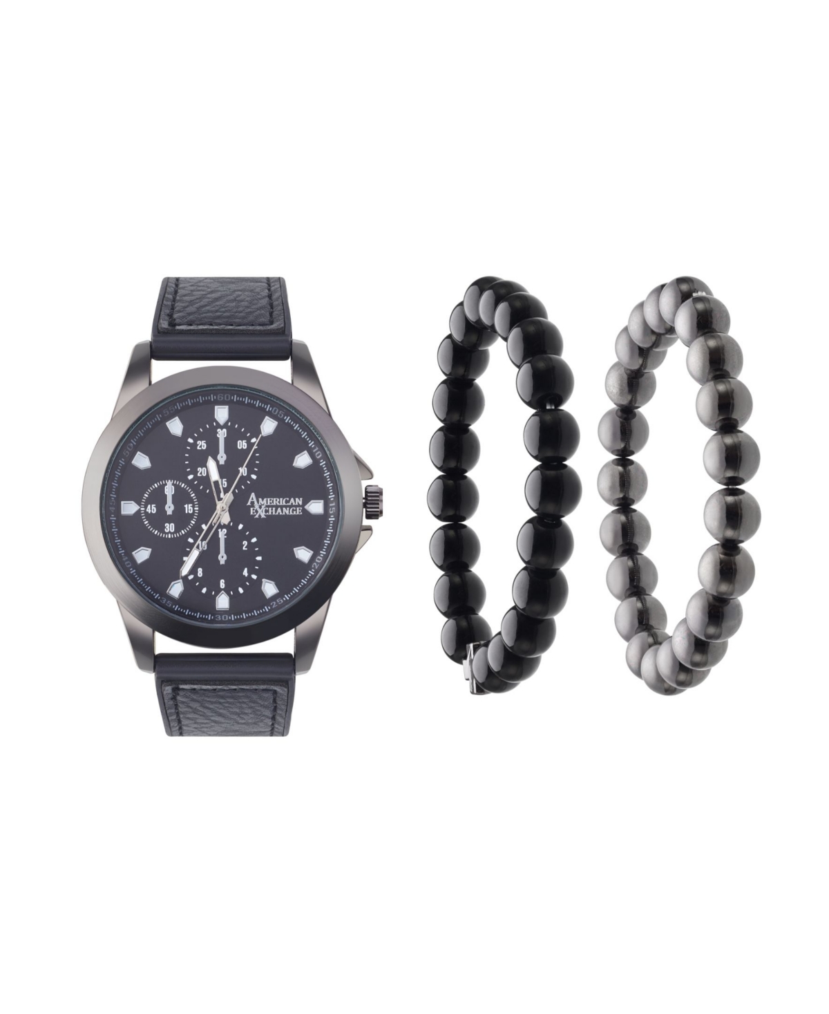 Men's Quartz Movement Black Leather Analog Watch, 47mm and Stackable Bracelet Set with Zippered Pouch - Black, Matte Black