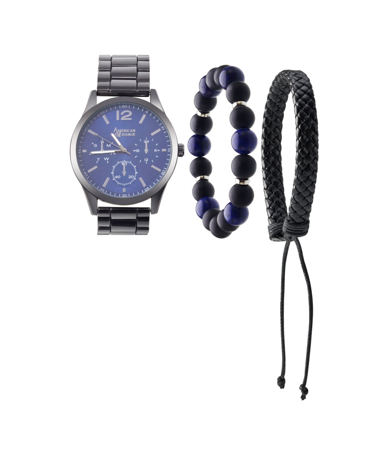 Men's Quartz Movement Shiny Gunmetal Bracelet Analog Watch, 45mm with Stackable Bracelet Set and Zippered Travel Pouch - Shiny Gunme