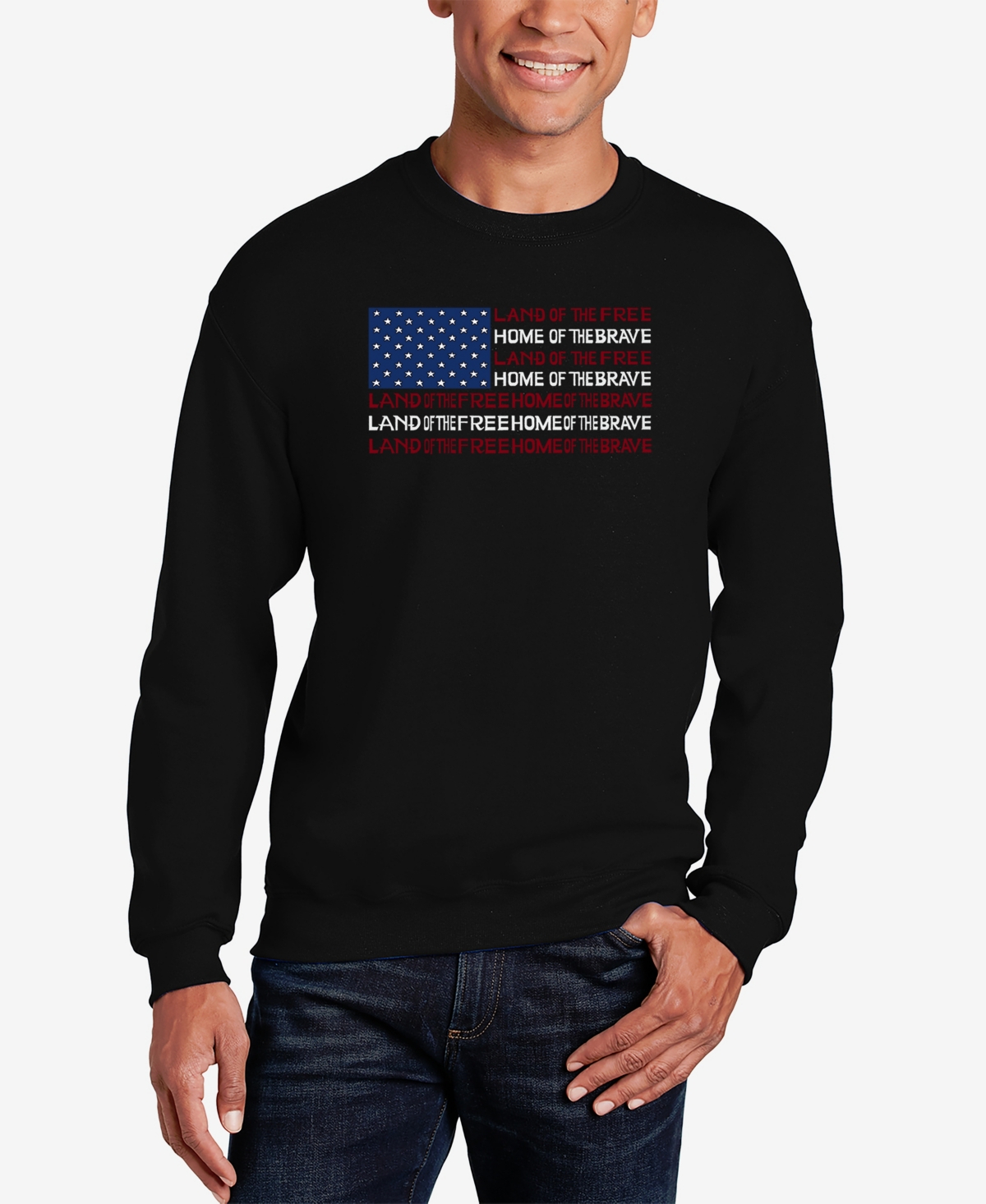 Men's Land of the Free American Flag Word Art Crew Neck Sweatshirt - Black
