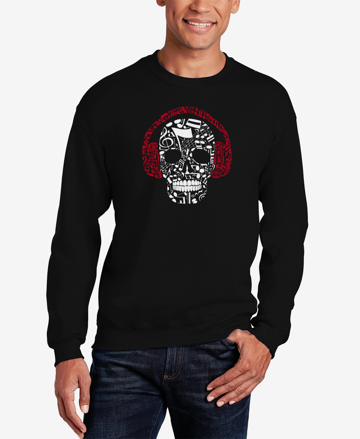 Men's Music Notes Skull Word Art Crew Neck Sweatshirt - Black