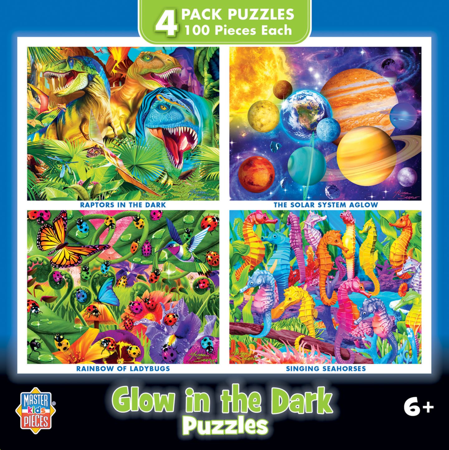 Детские игрушки MasterPieces Puzzles Glow-in-the-Dark Dinosaur 100-Piece Jigsaw Puzzles, 4-Pack, Ages 6+, цвет: Разноцветный — фото 1