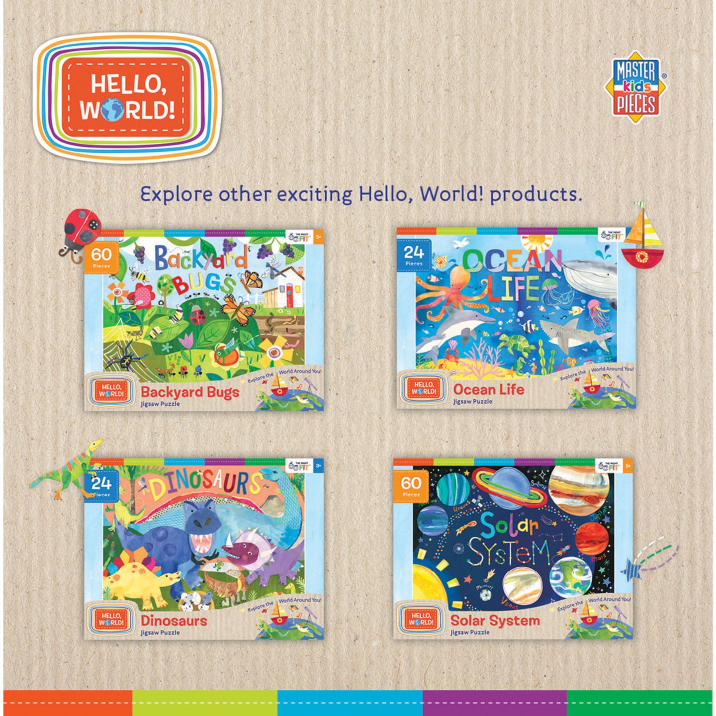 Детские игрушки MasterPieces Puzzles Hello, World! 4-Pack, 100-Piece Puzzles, Ages 6+, цвет: Разноцветный — фото 3