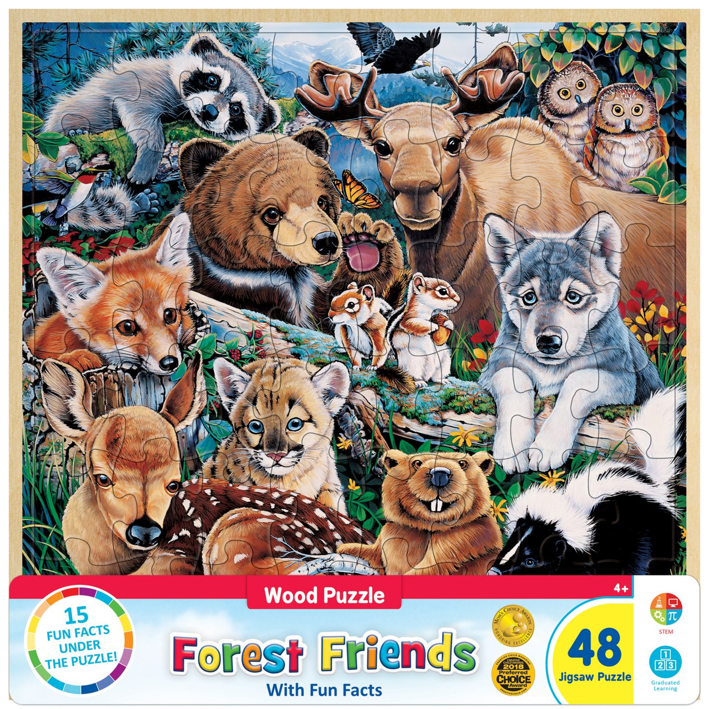 Деревянный пазл MasterPieces Puzzles Forest Friends Fun Facts, 48 деталей, от 4 лет, цвет: Разноцветный — фото 1