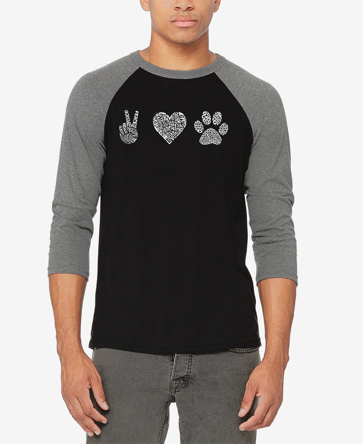 La Pop Art Men's Raglan Baseball 3/4 Sleeve Peace Love Dogs Word Art T-shirt - Black