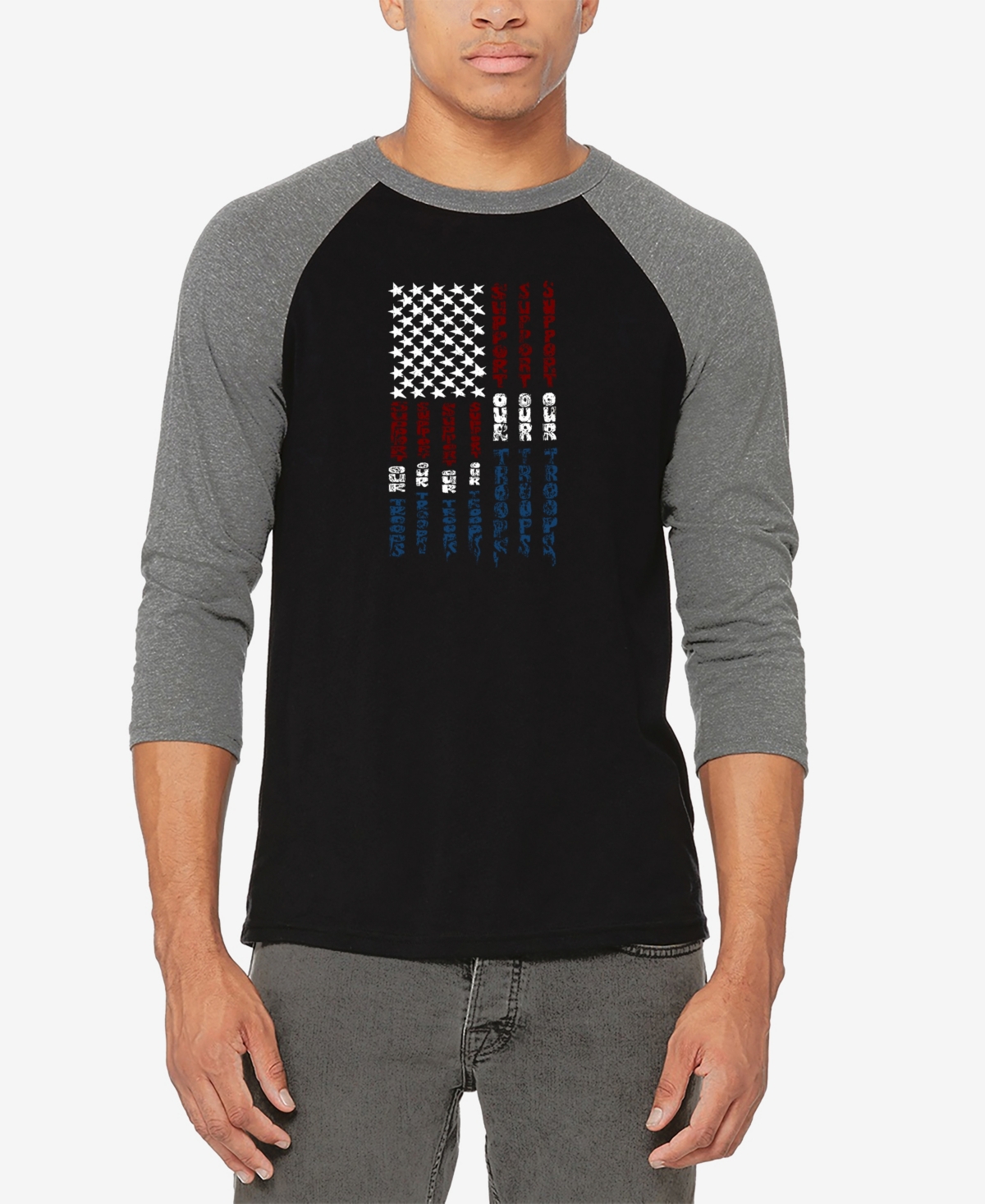 La Pop Art Men's Raglan Baseball 3/4 Sleeve Support Our Troops Word Art T-shirt - Black