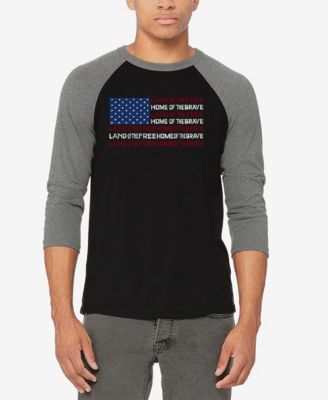 Men's Raglan Baseball 3/4 Sleeve Land of The Free American Flag Word Art T-shirt