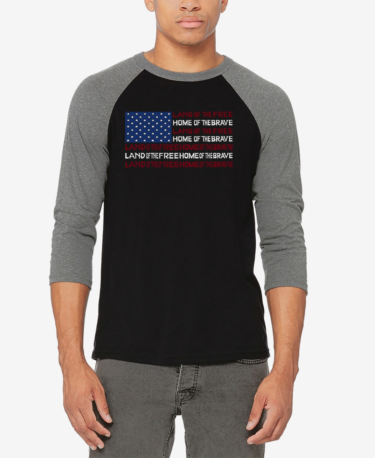 La Pop Art Men's Raglan Baseball 3/4 Sleeve Land of The Free American Flag Word Art T-shirt - Black