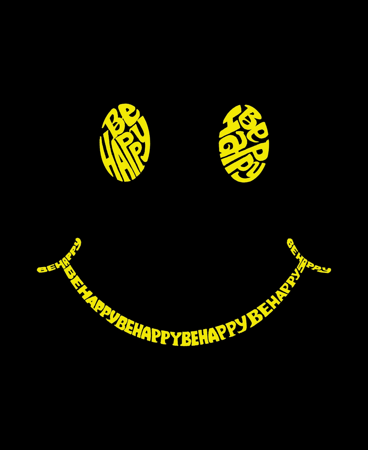 La Pop Art Men's Raglan Baseball 3/4 Sleeve Be Happy Smiley Face Word Art T-shirt - White