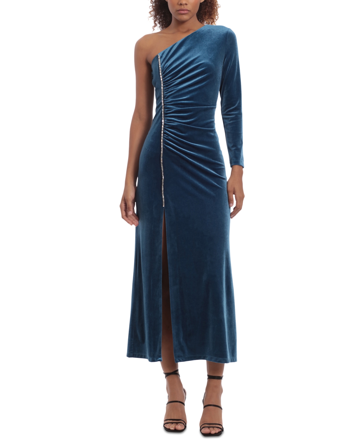 Donna Morgan Women's One-Shoulder Ruched Velvet Midi Dress