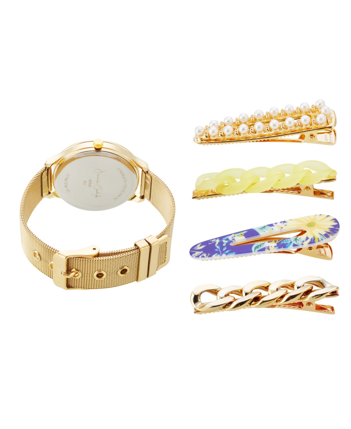 Jessica Carlye Women's Quartz Movement Gold-Tone Mesh Bracelet Analog Watch, 36mm with Hair Pin Set - Shiny Gold-Tone Mesh, White Mother Of Pe