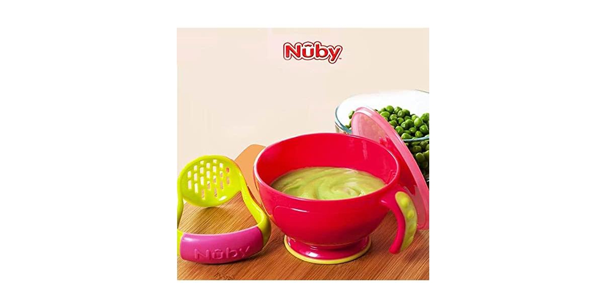 Nuby Baby Garden Fresh Mash N' Feed Bowl with Spoon and Food Masher (Pink/Green) - Assorted Pre- Pack