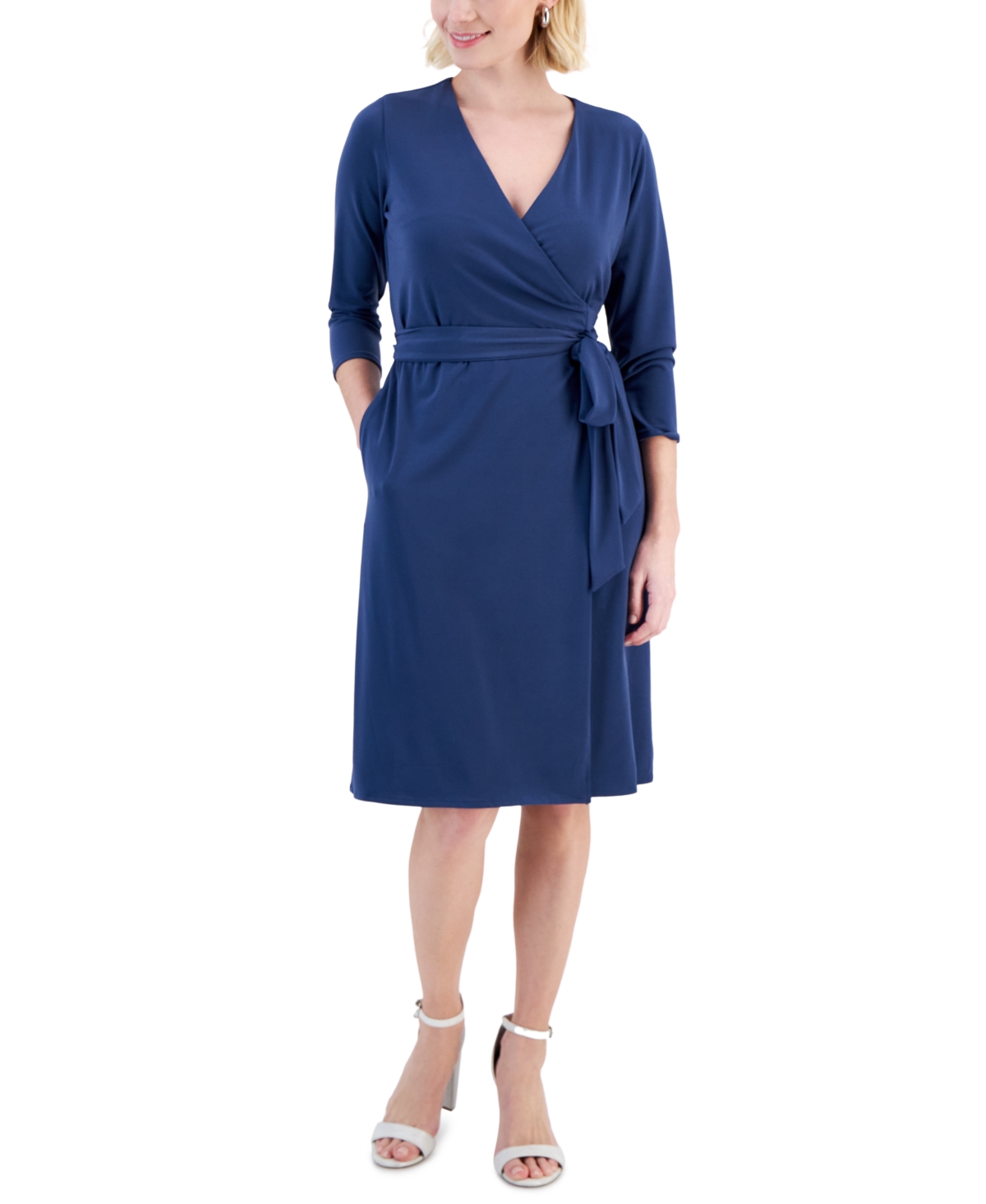 Alfani Petite Printed 3/4-sleeve Wrap Dress, Created For Macy's In Sargasso Sea
