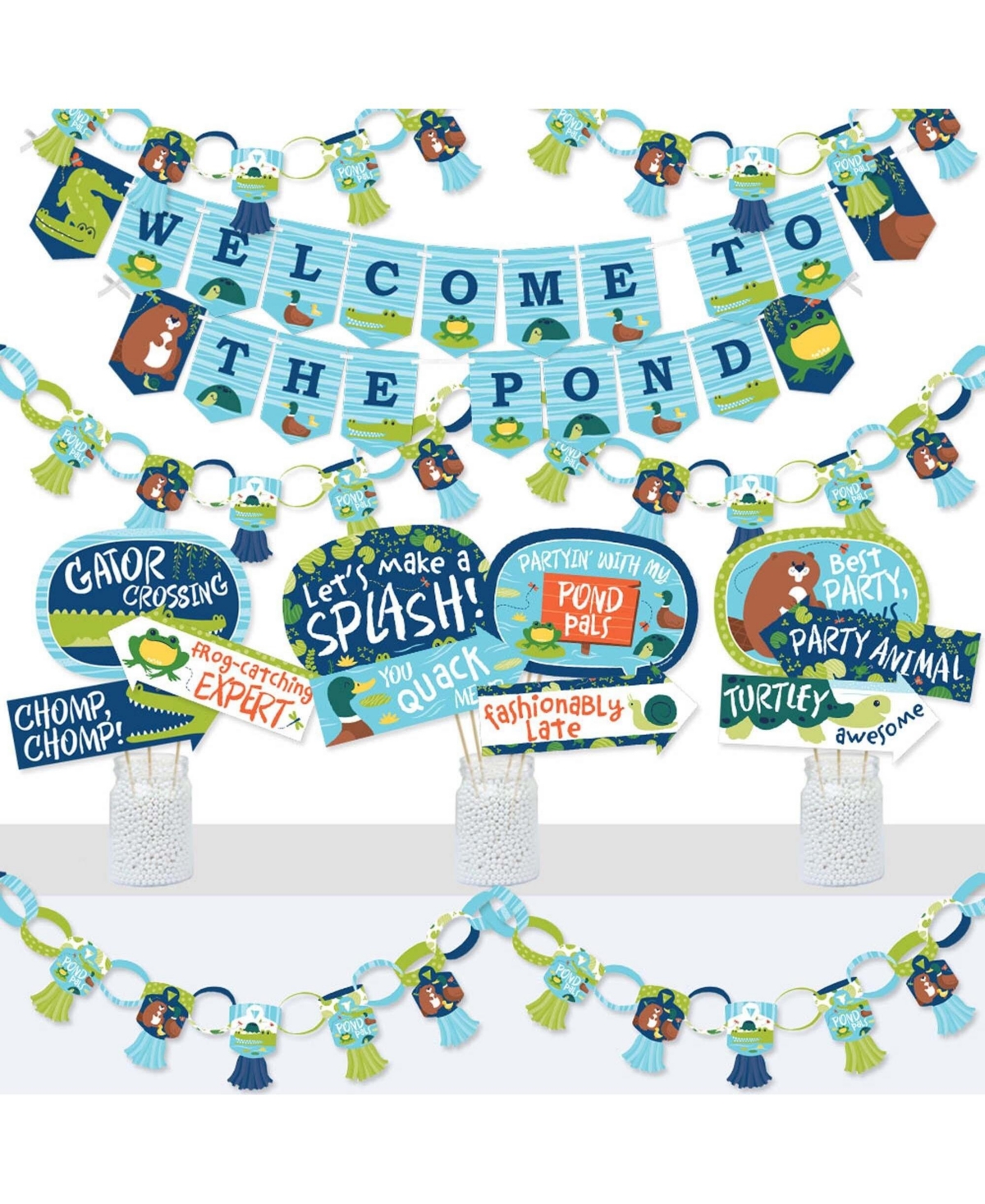 Big Dot of Happiness Pond Pals - Banner & Photo Booth Decor - Frog, Alligator, Turtle Birthday Party or Baby Shower Supplies Kit - Doterrific Bundle
