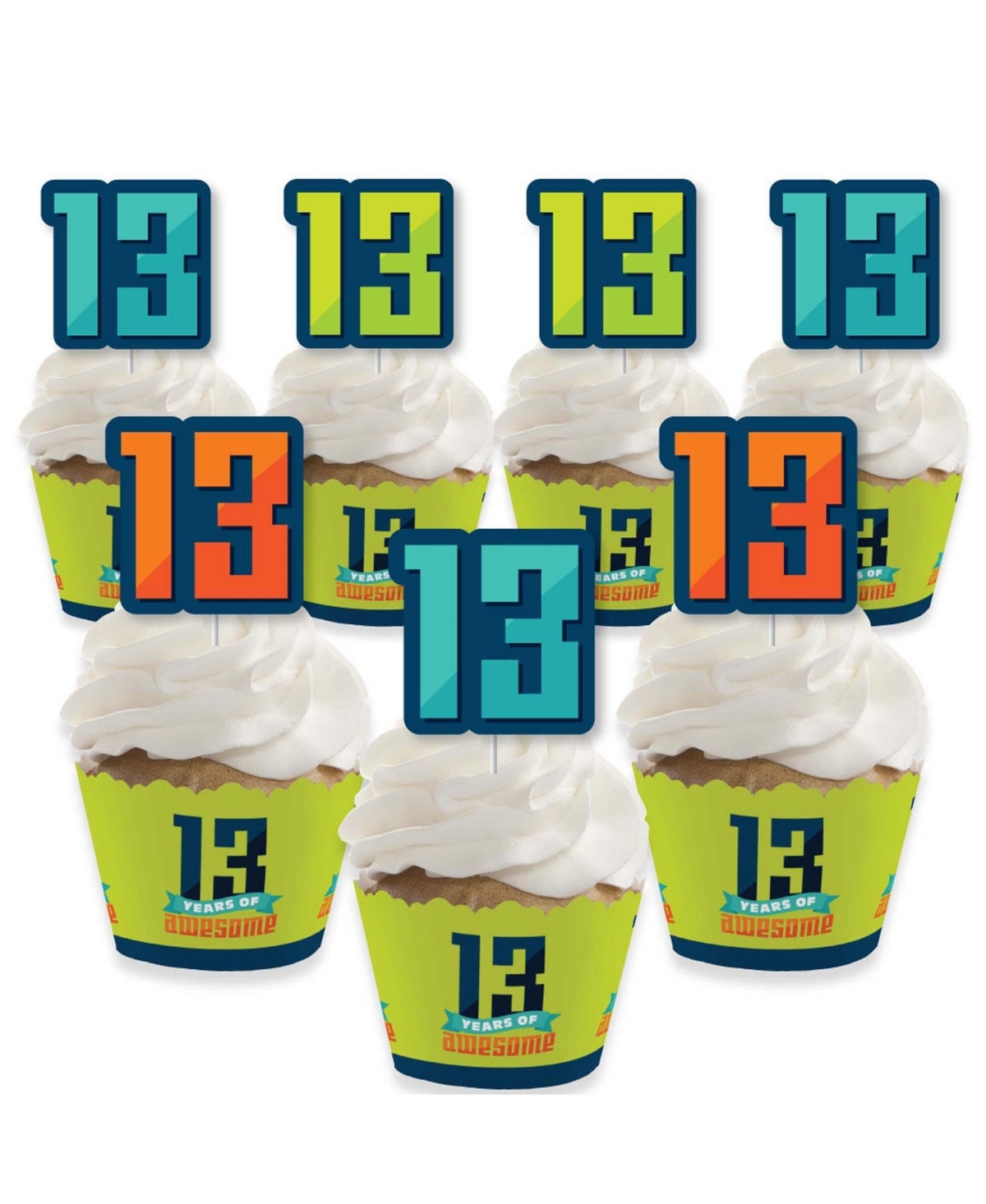 Boy 13th Birthday - Decor - Teenager Cupcake Wrappers & Treat Picks Kit - 24 Ct