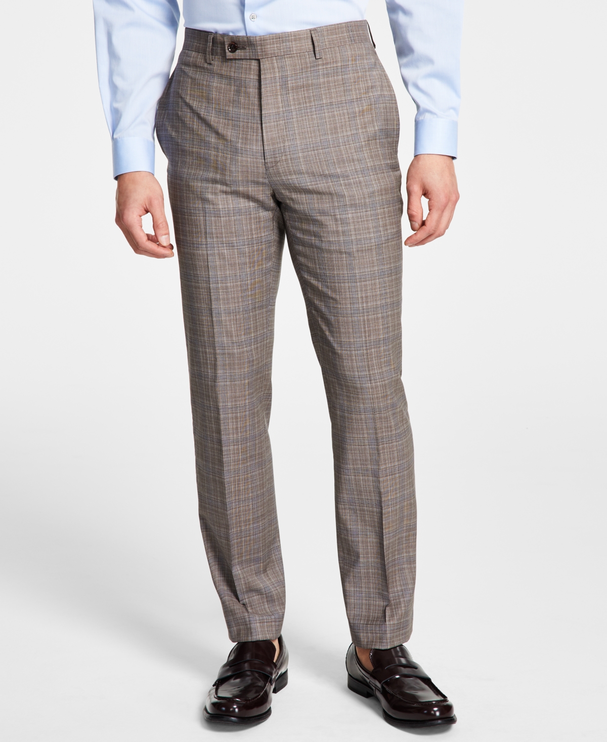 Calvin Klein Men's Slim-fit Wool Stretch Suit Pants In Brown Plaid