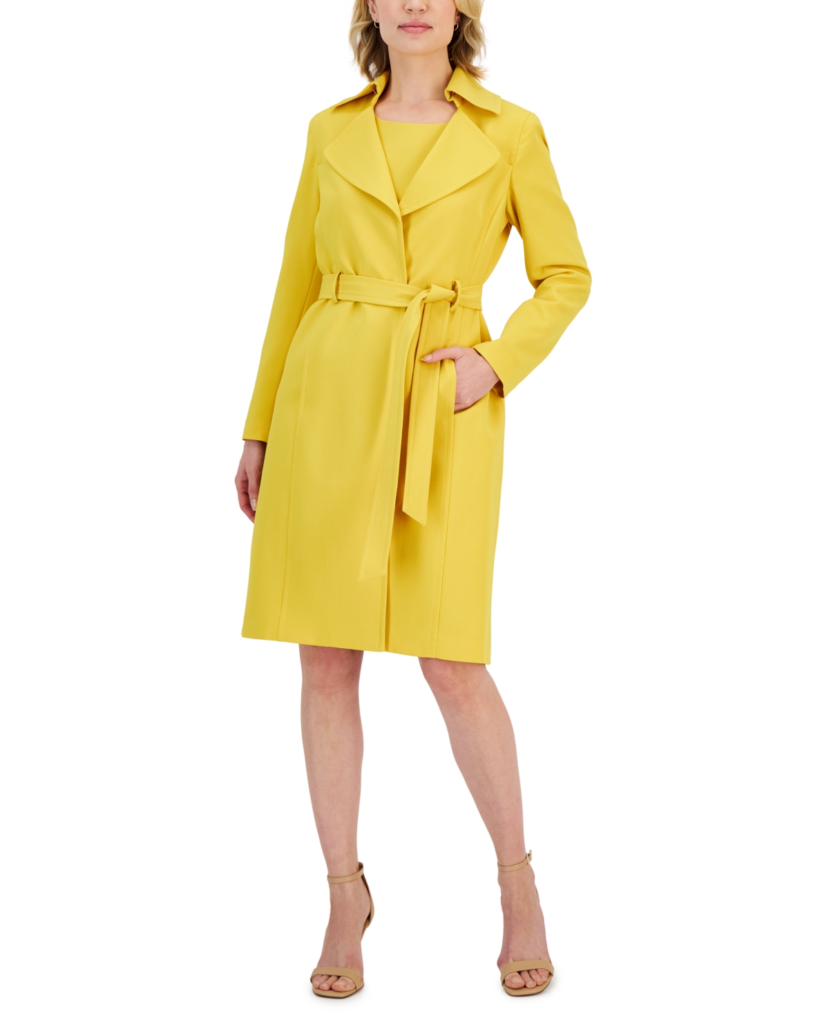 Le Suit Women's Crepe Belted Trench Jacket & Sheath Dress Suit, Regular And Petite Sizes In Golden Sunset