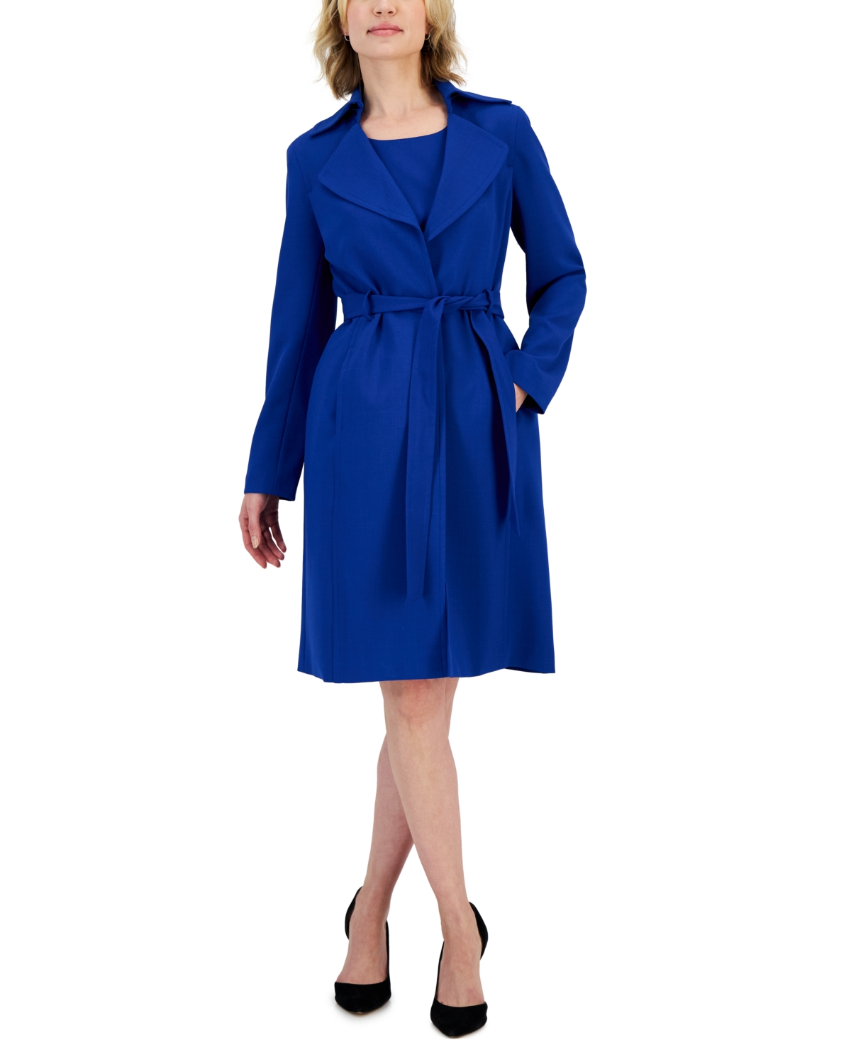 Le Suit Women's Crepe Belted Trench Jacket & Sheath Dress Suit, Regular And Petite Sizes In Celeste Blue