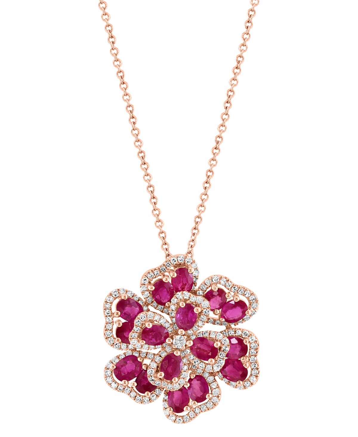 Effy Collection Effy Ruby (2-3/4 Ct. T.w.) & Diamond (3/8 Ct. T.w.) Flower Cluster 18" Pendant Necklace In 14k Rose In Ruby