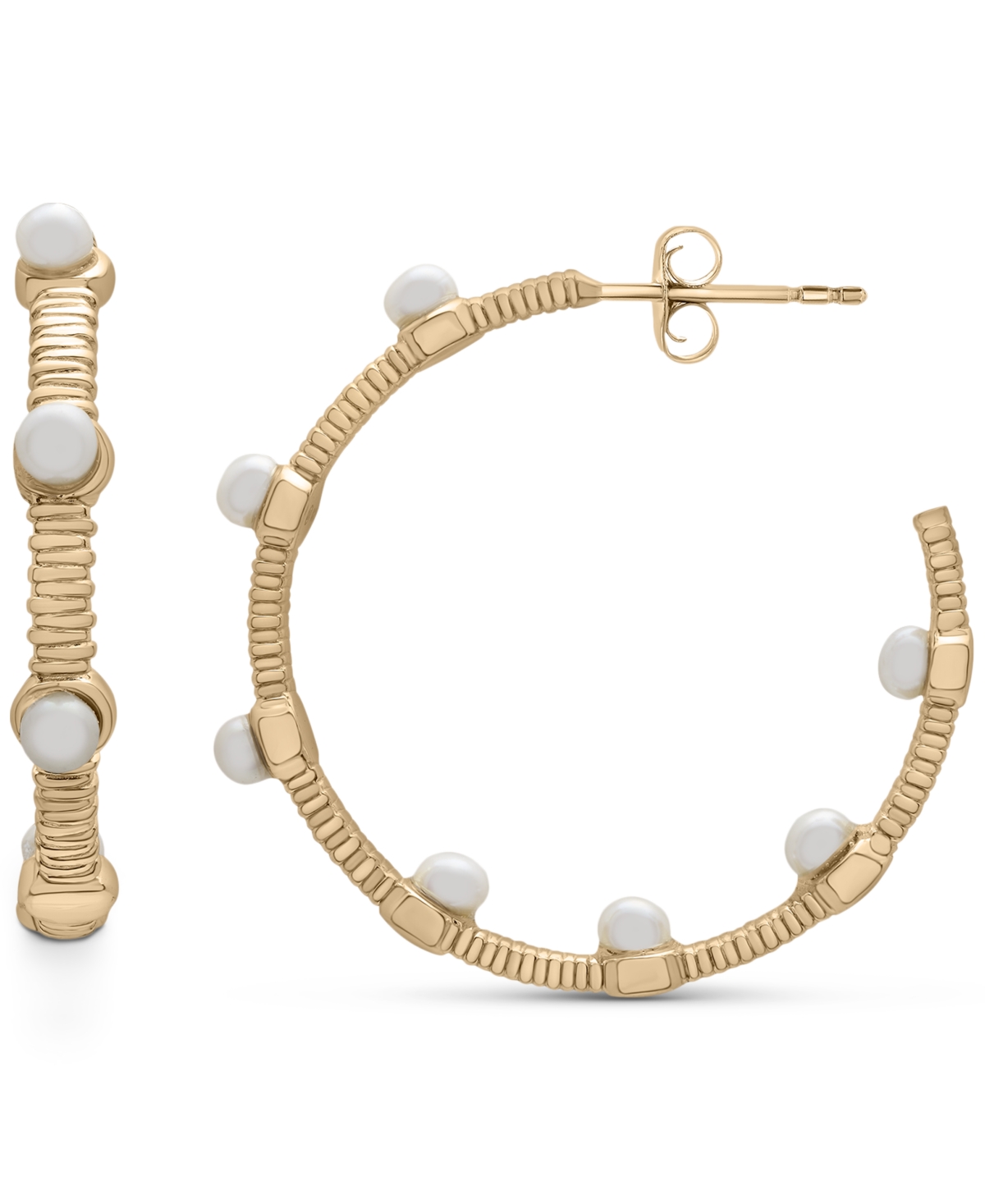 Cultured Freshwater Pearl (3mm) Textured Medium Hoop Earrings in 14k Gold-Plated Sterling Silver,