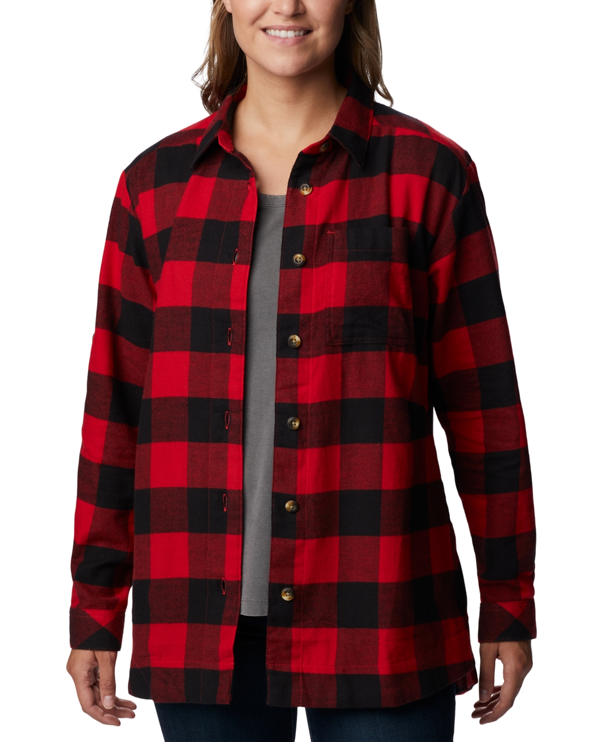 Columbia Plus Size Holly Hideaway Cotton Checked Flannel Tunic Shirt In Red Lily