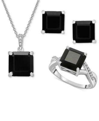 Macy's - 3-Pc. Set Onyx & Diamond Accent Square-Cut Pendant Necklace, Ring and Stud Earrings in Sterling Silver