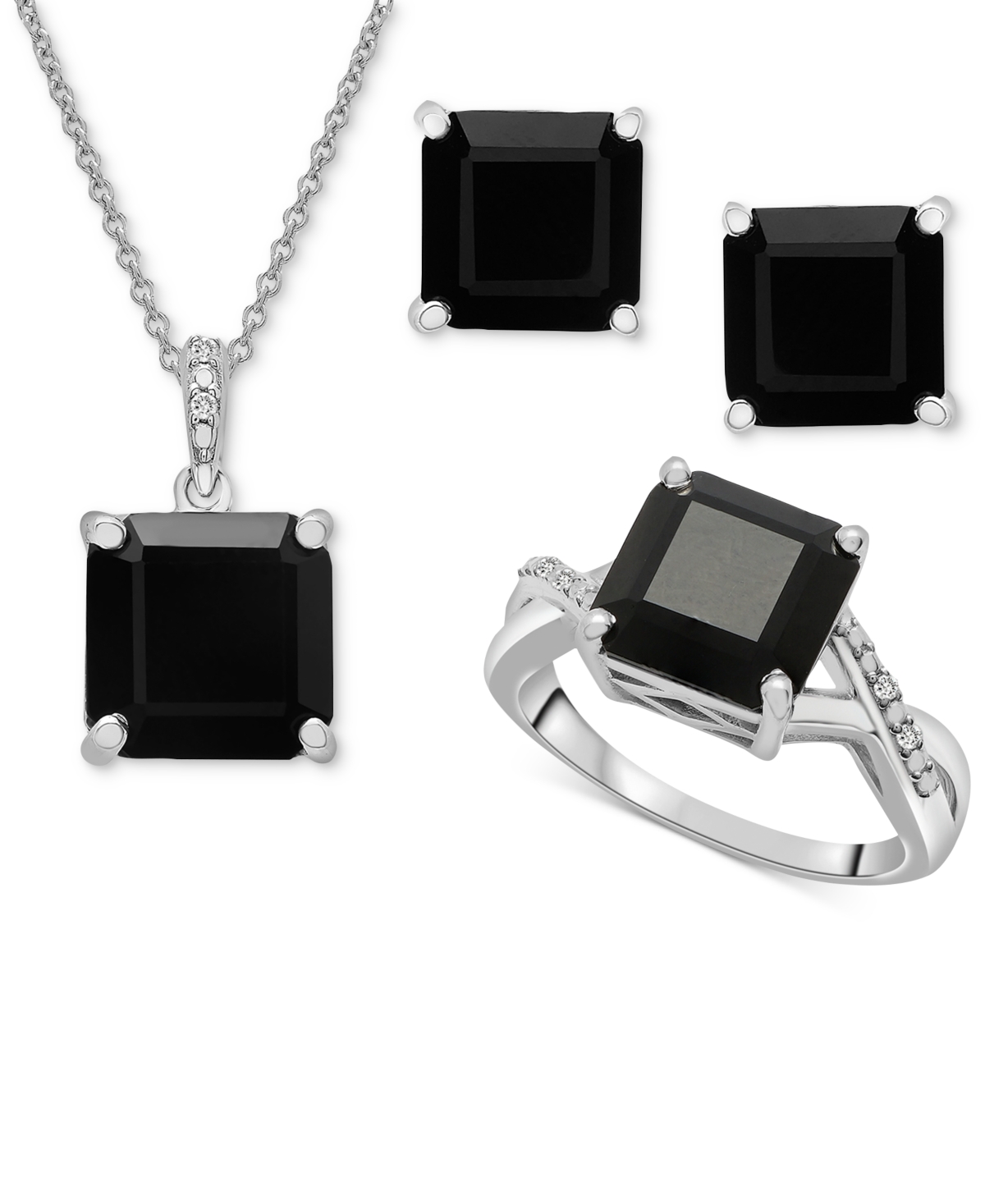 Macy's 3-pc. Set Onyx & Diamond Accent Square-cut Pendant Necklace, Ring And Stud Earrings In Sterling Silv