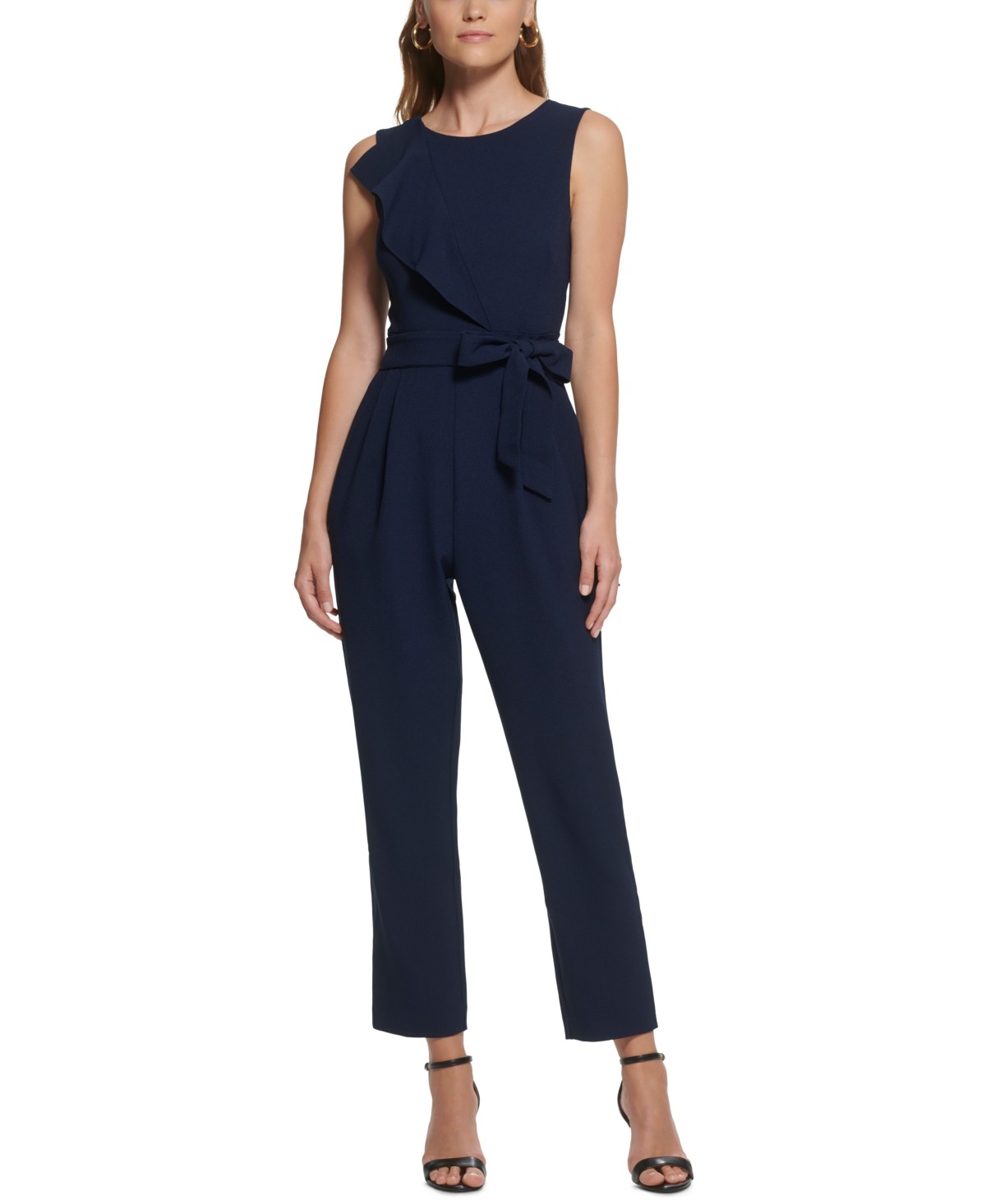 Petite Ruffled Belted Jumpsuit - Navy
