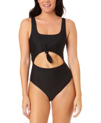 Salt + Cove - Women's Pink Sizzle Ribbed Knot-Front One-Piece Swimsuit, Created for Macy's