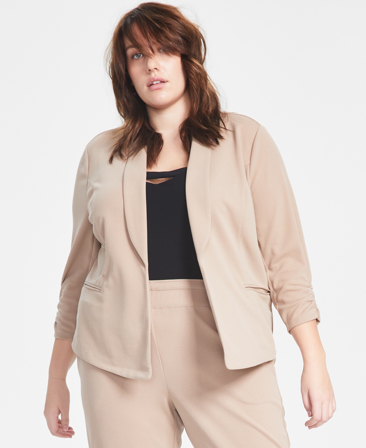 Bar Iii Trendy Plus Size Knit Drape-front Blazer, Created For Macy's In Warm Ginger