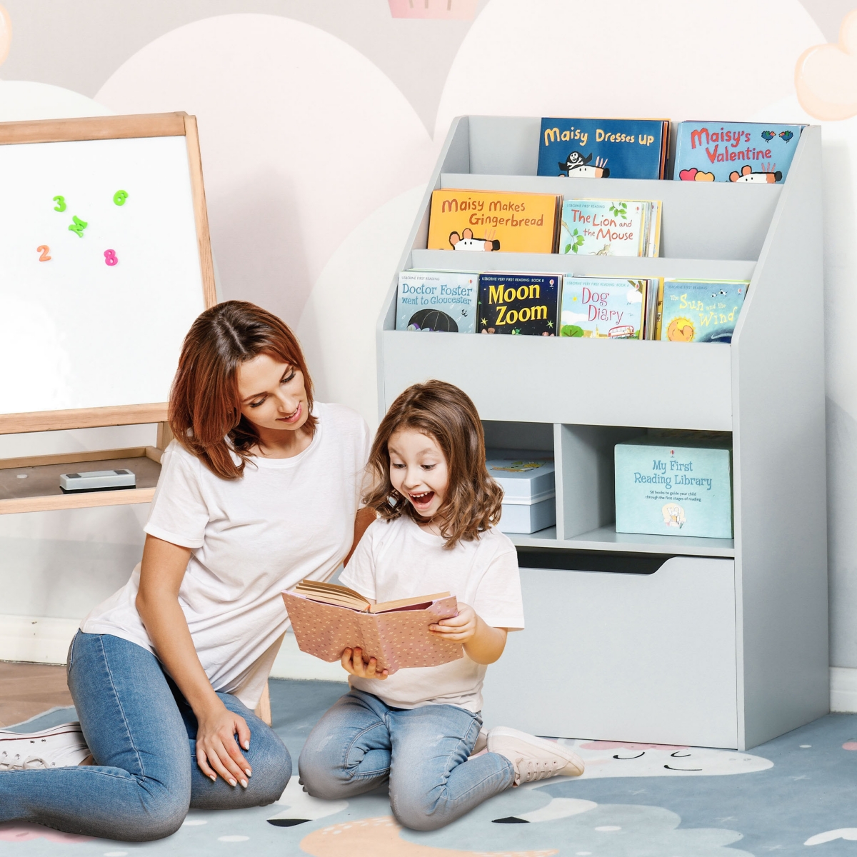 Homcom Kids Storage Bookcase Stand with Drawer for Toys & Books, Grey
