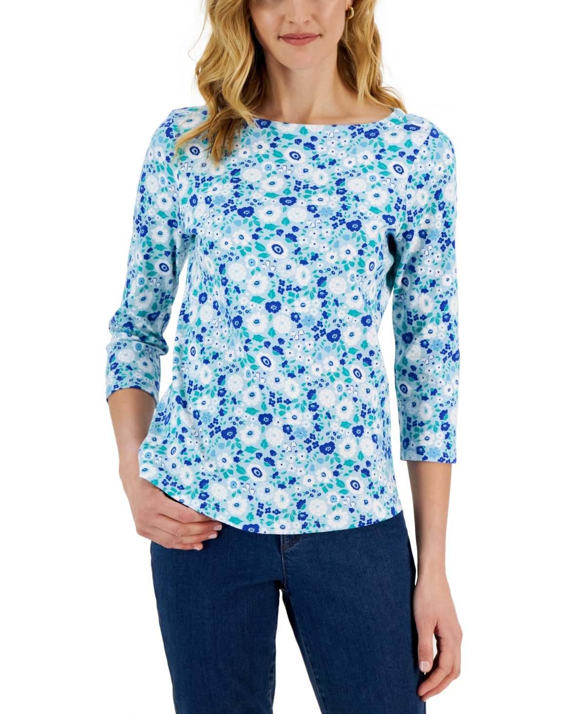 Charter Club Women's 3/4-Sleeve Floral Boat-Neck Top, Created for Macy's